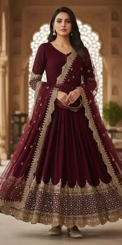 ZF 194 Maroon Faux Georgette Gown Perfect for Wedding, Party, Makar Sankranti, Karwa Chauth, Ethnic Day – . Now at just ₹1999. Delivery 4-6 Working D | Bollywood Gowns, Creative Gowns, Designer Gowns, Embroidered Gowns, Gowns, Party Wear Gowns