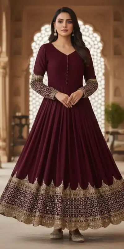ZF 194 Maroon Faux Georgette Gown Perfect for Wedding, Party, Makar Sankranti, Karwa Chauth, Ethnic Day – . Now at just ₹1999. Delivery 4-6 Working D | Bollywood Gowns, Creative Gowns, Designer Gowns, Embroidered Gowns, Gowns, Party Wear Gowns