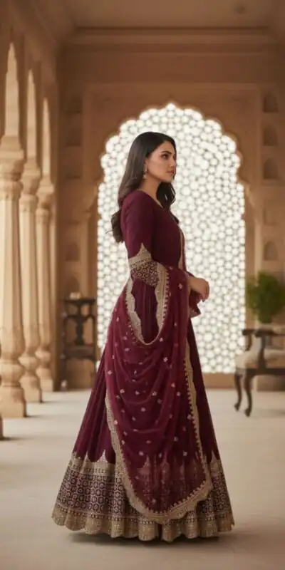 ZF 194 Maroon Faux Georgette Gown Perfect for Wedding, Party, Makar Sankranti, Karwa Chauth, Ethnic Day – . Now at just ₹1999. Delivery 4-6 Working D | Bollywood Gowns, Creative Gowns, Designer Gowns, Embroidered Gowns, Gowns, Party Wear Gowns