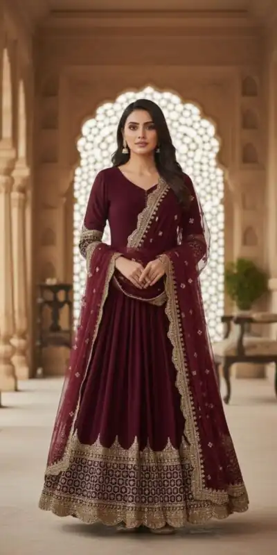 ZF 194 Maroon Faux Georgette Gown Perfect for Wedding, Party, Makar Sankranti, Karwa Chauth, Ethnic Day – . Now at just ₹1999. Delivery 4-6 Working D | Bollywood Gowns, Creative Gowns, Designer Gowns, Embroidered Gowns, Gowns, Party Wear Gowns