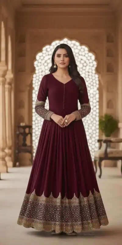 ZF 194 Maroon Faux Georgette Gown Perfect for Wedding, Party, Makar Sankranti, Karwa Chauth, Ethnic Day – . Now at just ₹1999. Delivery 4-6 Working D | Bollywood Gowns, Creative Gowns, Designer Gowns, Embroidered Gowns, Gowns, Party Wear Gowns