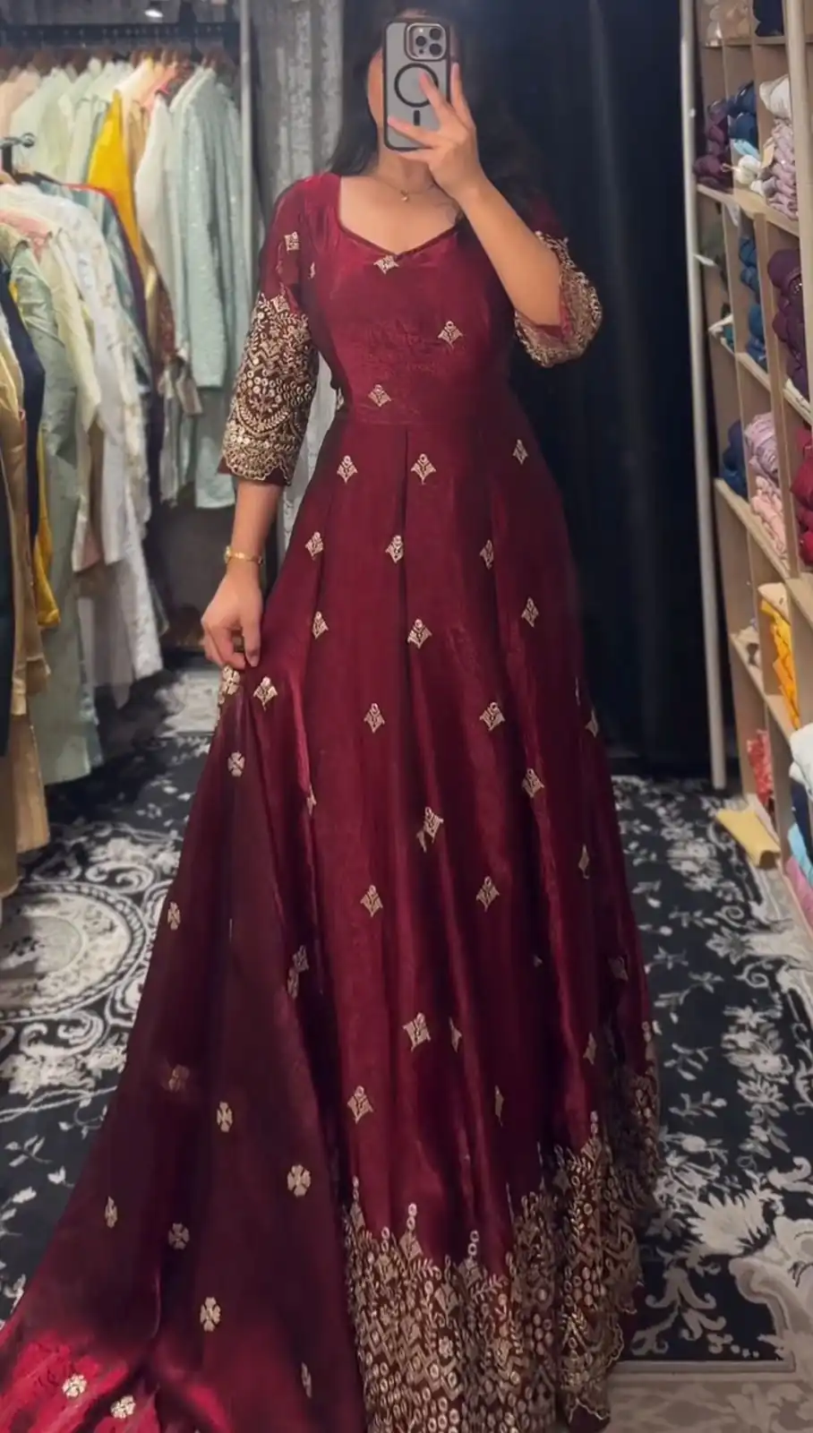 KD 1564 Maroon Fendy Silk Gown Perfect for Wedding, Party, Durga Puja, Festival Celebrations, Ganesh Chaturthi – . Best Price ₹2399. Delivery 4-6 Wor | Bollywood Gowns, Creative Gowns, Designer Gowns, Embroidered Gowns, Gowns, Party Wear Gowns