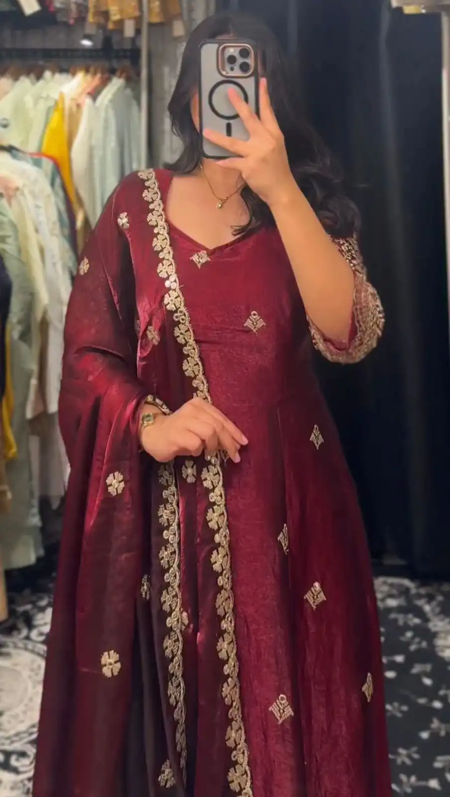 KD 1564 Maroon Fendy Silk Gown Perfect for Wedding, Party, Durga Puja, Festival Celebrations, Ganesh Chaturthi – . Best Price ₹2399. Delivery 4-6 Wor | Bollywood Gowns, Creative Gowns, Designer Gowns, Embroidered Gowns, Gowns, Party Wear Gowns