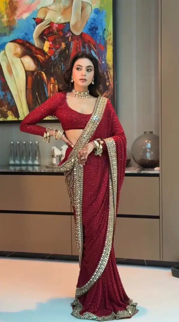 BT 443 Maroon Color Georgette Saree with Embroidery Work & Mirror Work. Get it for ₹2449. Delivery 4-6 Working Days. Shop now. | Bollywood Sarees, Creative Sarees, Designer Sarees, Embroidered Sarees, Ethnic Saree, Modern Digital sarees, Party Wear Sarees, Sarees