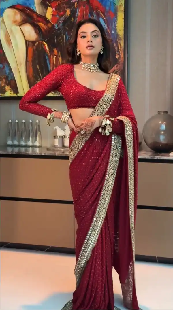 BT 443 Maroon Color Georgette Saree with Embroidery Work & Mirror Work. Get it for ₹2449. Delivery 4-6 Working Days. Shop now. | Bollywood Sarees, Creative Sarees, Designer Sarees, Embroidered Sarees, Ethnic Saree, Modern Digital sarees, Party Wear Sarees, Sarees