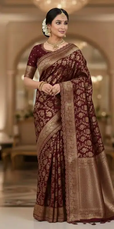 MS 451 Maroon Litchi Silk Saree with Embroidery Work & Lace Work. Available at ₹1399 only. Delivery 4-6 Working Days. Shop now. | Bollywood Sarees, Creative Sarees, Designer Sarees, Embroidered Sarees, Ethnic Saree, Modern Digital sarees, Party Wear Sarees, Sarees