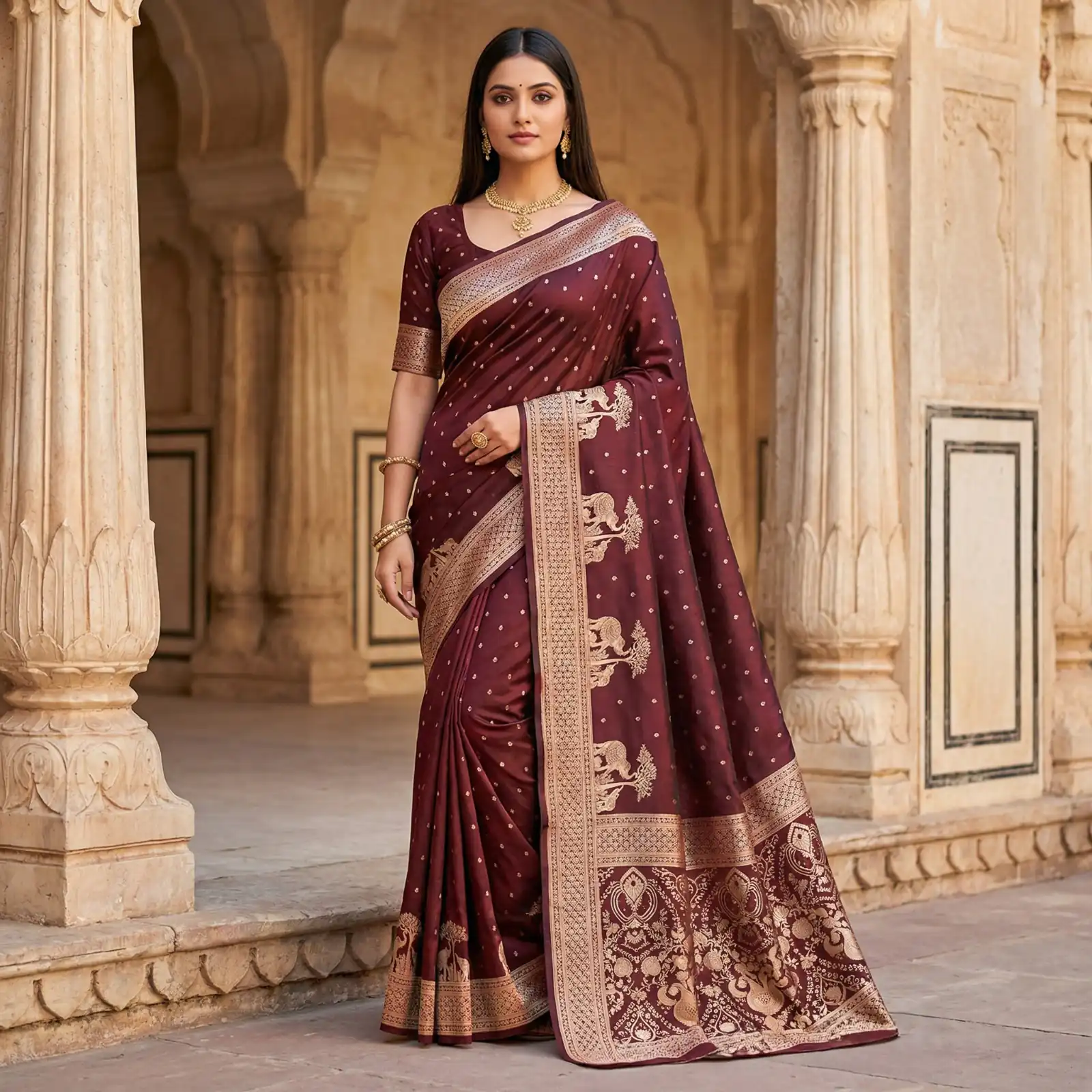 MB 25 GAJRAJ Maroon in Pure Banarasi Silk Zari Work & Lace Work Saree . Introductory Price ₹1899. Delivery 4-6 Working Days. Shop now. | Bollywood Sarees, Creative Sarees, Designer Sarees, Embroidered Sarees, Ethnic Saree, Modern Digital sarees, Party Wear Sarees, Sarees
