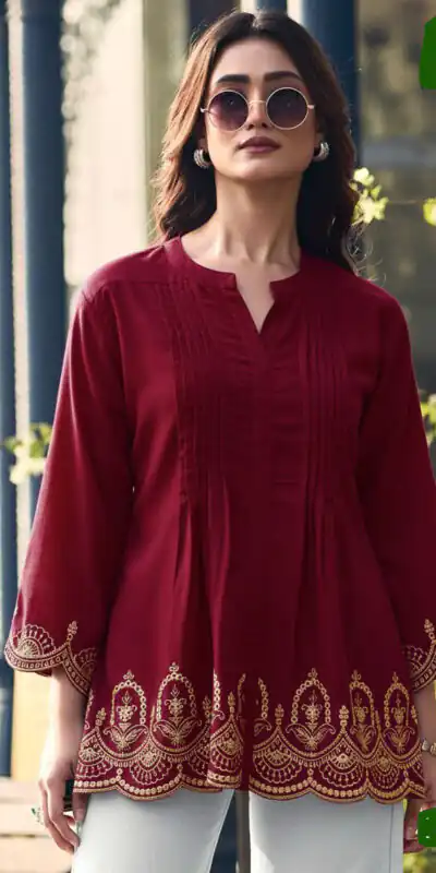 INLI Adaa 7.0 Maroon in Rayon Cut Work & Embroidery Work Kurti . Introductory Price ₹1349. Delivery 4-6 Working Days. Shop now. | Bollywood Kurti, Creative Kurtis, Designer Kurti, Kurti, Party Wear Kurti, Selfie Kurti