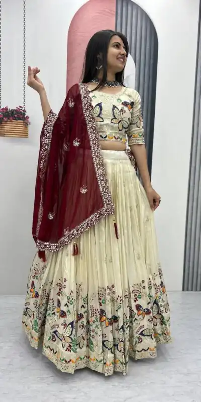 PC 491 Maroon Tissue Silk Lehenga Choli with Lace Work & Cut Work. Wedding, Party, Festive, Events Only 3249 Delivery 4-6 Working Days. Shop now. | Bollywood Lehenga, Creative Lehenga, Designer Lehenga, Embroidered Lehenga, Lehenga, Party Wear Lehenga