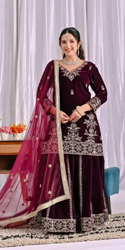 ND 5052 Maroon Viscous Velvet Salwar Suit Perfect for Wedding, Party, Reception, Eid, Temple Visit – . Introductory Price ₹2149. Delivery 4-6 Working | Jump Suits, Straight Suits, Casual Suits, Creative suits, Designer Suits, Palazzo Suits, Party Wear Suits, Patiala Suits, Salwar suit