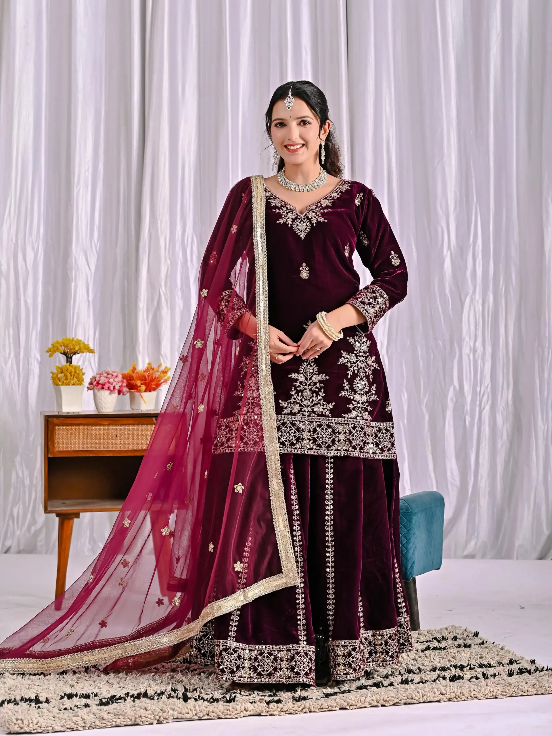 ND 5052 Maroon Viscous Velvet Salwar Suit Perfect for Wedding, Party, Reception, Eid, Temple Visit – . Introductory Price ₹2149. Delivery 4-6 Working | Jump Suits, Straight Suits, Casual Suits, Creative suits, Designer Suits, Palazzo Suits, Party Wear Suits, Patiala Suits, Salwar suit
