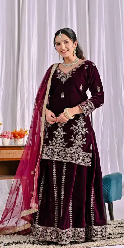ND 5052 Maroon Viscous Velvet Salwar Suit Perfect for Wedding, Party, Reception, Eid, Temple Visit – . Introductory Price ₹2149. Delivery 4-6 Working | Jump Suits, Straight Suits, Casual Suits, Creative suits, Designer Suits, Palazzo Suits, Party Wear Suits, Patiala Suits, Salwar suit