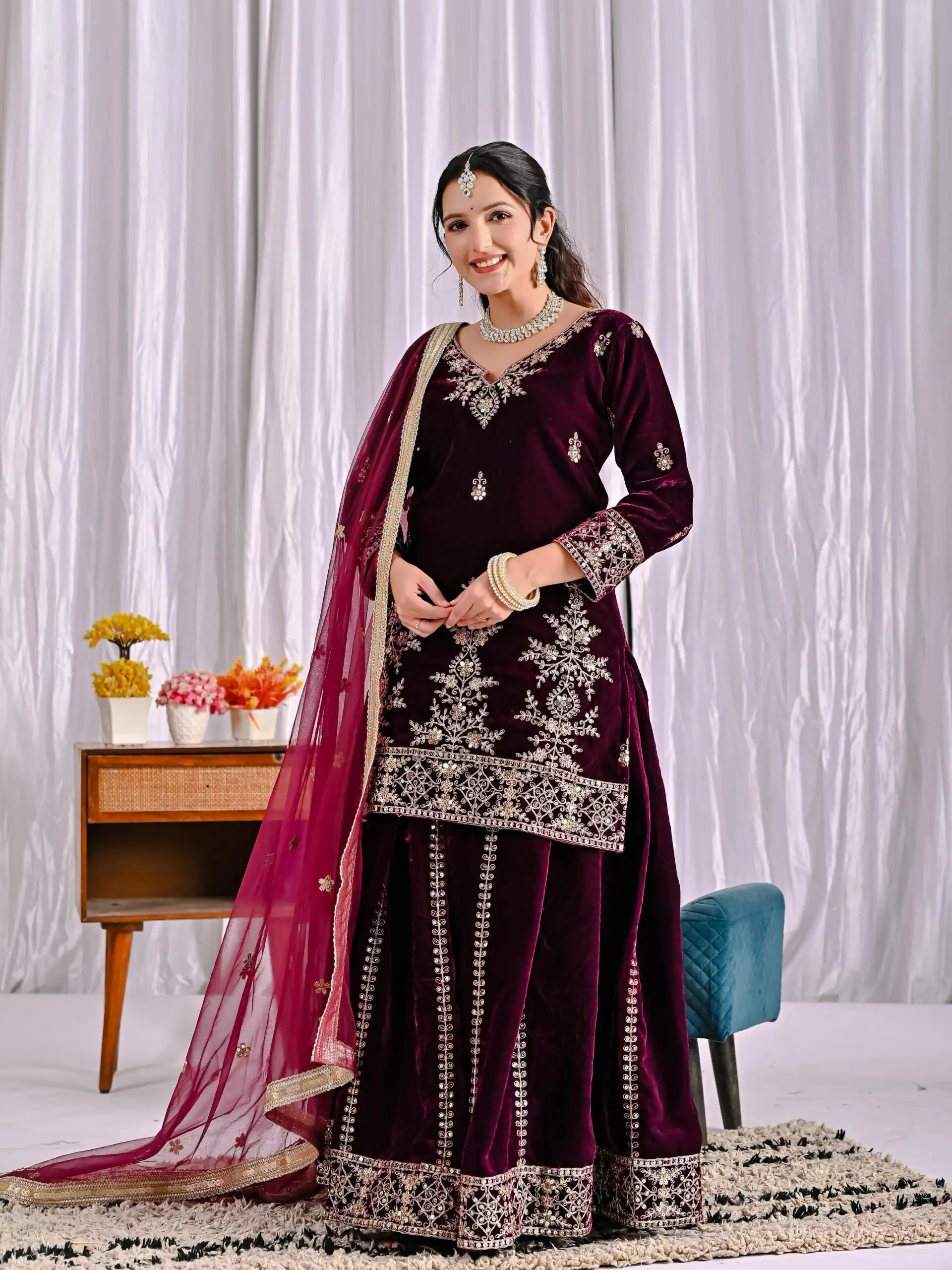 ND 5052 Maroon Viscous Velvet Salwar Suit Perfect for Wedding, Party, Reception, Eid, Temple Visit – . Introductory Price ₹2149. Delivery 4-6 Working | Jump Suits, Straight Suits, Casual Suits, Creative suits, Designer Suits, Palazzo Suits, Party Wear Suits, Patiala Suits, Salwar suit