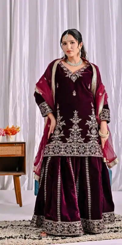 ND 5052 Maroon Viscous Velvet Salwar Suit Perfect for Wedding, Party, Reception, Eid, Temple Visit – . Introductory Price ₹2149. Delivery 4-6 Working | Jump Suits, Straight Suits, Casual Suits, Creative suits, Designer Suits, Palazzo Suits, Party Wear Suits, Patiala Suits, Salwar suit