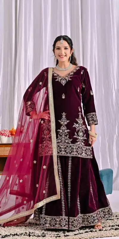 ND 5052 Maroon Viscous Velvet Salwar Suit Perfect for Wedding, Party, Reception, Eid, Temple Visit – . Introductory Price ₹2149. Delivery 4-6 Working | Jump Suits, Straight Suits, Casual Suits, Creative suits, Designer Suits, Palazzo Suits, Party Wear Suits, Patiala Suits, Salwar suit