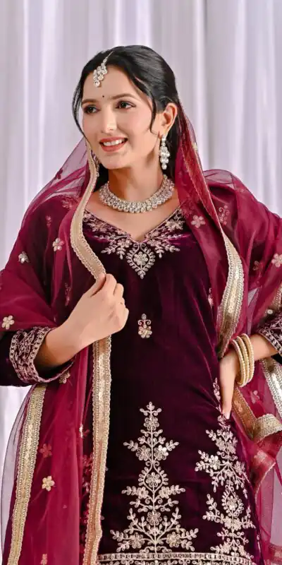 ND 5052 Maroon Viscous Velvet Salwar Suit Perfect for Wedding, Party, Reception, Eid, Temple Visit – . Introductory Price ₹2149. Delivery 4-6 Working | Jump Suits, Straight Suits, Casual Suits, Creative suits, Designer Suits, Palazzo Suits, Party Wear Suits, Patiala Suits, Salwar suit