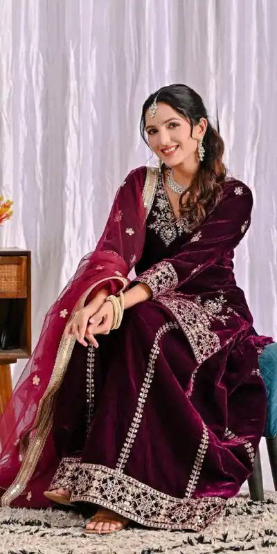 ND 5052 Maroon Viscous Velvet Salwar Suit Perfect for Wedding, Party, Reception, Eid, Temple Visit – . Introductory Price ₹2149. Delivery 4-6 Working | Jump Suits, Straight Suits, Casual Suits, Creative suits, Designer Suits, Palazzo Suits, Party Wear Suits, Patiala Suits, Salwar suit