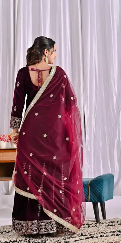 ND 5052 Maroon Viscous Velvet Salwar Suit Perfect for Wedding, Party, Reception, Eid, Temple Visit – . Introductory Price ₹2149. Delivery 4-6 Working | Jump Suits, Straight Suits, Casual Suits, Creative suits, Designer Suits, Palazzo Suits, Party Wear Suits, Patiala Suits, Salwar suit