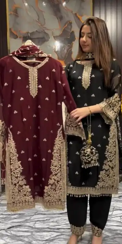 LG 2059 Maroon Color Zimmy Choo Salwar Suit with Embroidery Work. Wedding, Party, Festive, Events, Grab it for ₹2399. Delivery 4-6 Working Days. Shop now. | Jump Suits, Straight Suits, Casual Suits, Creative suits, Designer Suits, Palazzo Suits, Party Wear Suits, Patiala Suits, Salwar suit