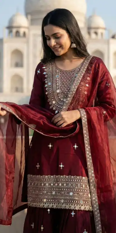 ZSR 3160 Maroon Zimmy Silk Salwar Suit with Embroidery Work & Mirror Work. Grab it for ₹2399. Delivery 4-6 Working Days. Shop now. | Jump Suits, Straight Suits, Casual Suits, Creative suits, Designer Suits, Palazzo Suits, Party Wear Suits, Patiala Suits, Salwar suit