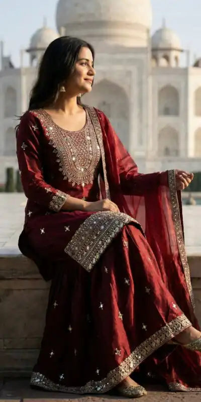 ZSR 3160 Maroon Zimmy Silk Salwar Suit with Embroidery Work & Mirror Work. Grab it for ₹2399. Delivery 4-6 Working Days. Shop now. | Jump Suits, Straight Suits, Casual Suits, Creative suits, Designer Suits, Palazzo Suits, Party Wear Suits, Patiala Suits, Salwar suit