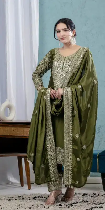 MF 444 Mehandi Chnnon Silk Salwar Suit with Lace Work & Embroidery Work. Introductory Price ₹2099. Delivery 4-6 Working Days. Shop now. | Jump Suits, Straight Suits, Casual Suits, Creative suits, Designer Suits, Palazzo Suits, Party Wear Suits, Patiala Suits, Salwar suit