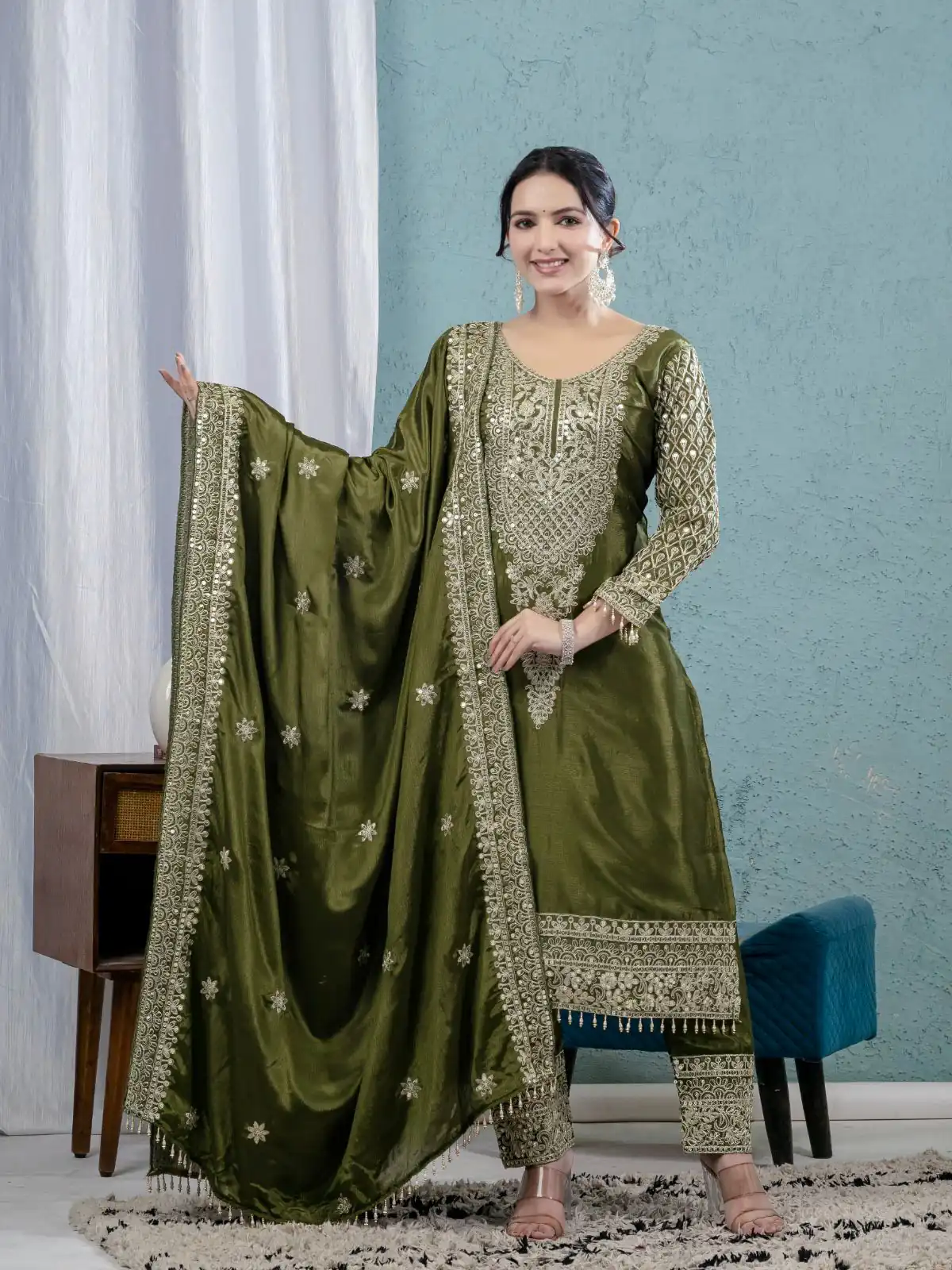 MF 444 Mehandi Chnnon Silk Salwar Suit with Lace Work & Embroidery Work. Introductory Price ₹2099. Delivery 4-6 Working Days. Shop now. | Jump Suits, Straight Suits, Casual Suits, Creative suits, Designer Suits, Palazzo Suits, Party Wear Suits, Patiala Suits, Salwar suit