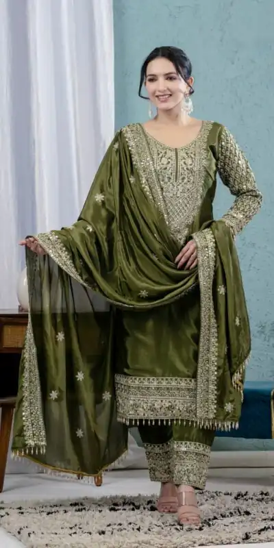 MF 444 Mehandi Chnnon Silk Salwar Suit with Lace Work & Embroidery Work. Introductory Price ₹2099. Delivery 4-6 Working Days. Shop now. | Jump Suits, Straight Suits, Casual Suits, Creative suits, Designer Suits, Palazzo Suits, Party Wear Suits, Patiala Suits, Salwar suit