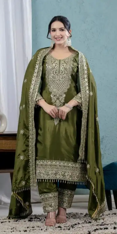 MF 444 Mehandi Chnnon Silk Salwar Suit with Lace Work & Embroidery Work. Introductory Price ₹2099. Delivery 4-6 Working Days. Shop now. | Jump Suits, Straight Suits, Casual Suits, Creative suits, Designer Suits, Palazzo Suits, Party Wear Suits, Patiala Suits, Salwar suit