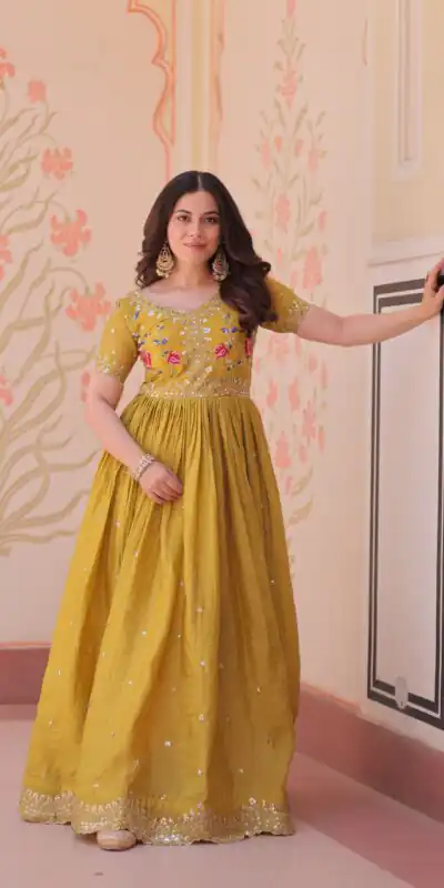 KA 1171 Mustered in Gold Crush Zari Work & Embroidery Work Gown . Affordable Price ₹1799. Delivery 4-6 Working Days. Shop now. | Bollywood Gowns, Creative Gowns, Designer Gowns, Embroidered Gowns, Gowns, Party Wear Gowns