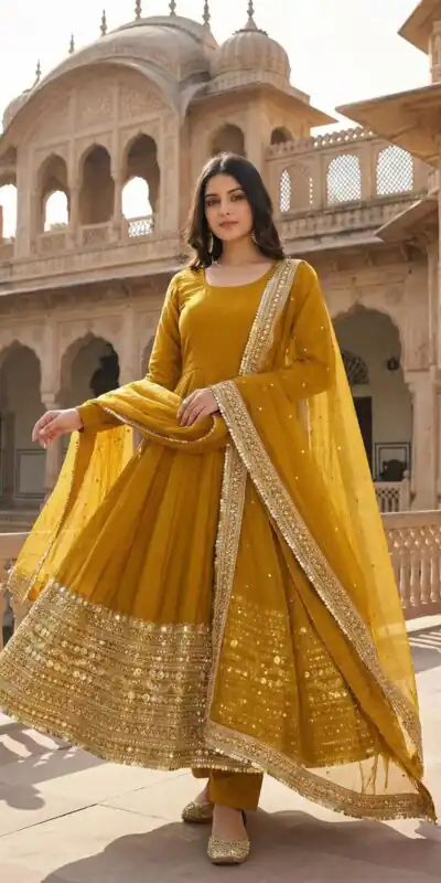 ZSR 3152 Mustered Color Roman silk Gown with Embroidery Work & Lace Work. Grab it for ₹2599. Delivery 4-6 Working Days. Shop now. | Bollywood Gowns, Creative Gowns, Designer Gowns, Embroidered Gowns, Gowns, Party Wear Gowns