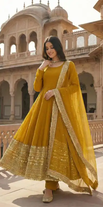 ZSR 3152 Mustered Color Roman silk Gown with Embroidery Work & Lace Work. Grab it for ₹2599. Delivery 4-6 Working Days. Shop now. | Bollywood Gowns, Creative Gowns, Designer Gowns, Embroidered Gowns, Gowns, Party Wear Gowns