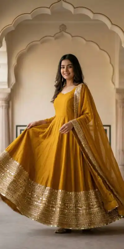 ZSR 3152 Mustered Color Roman silk Gown with Embroidery Work & Lace Work. Grab it for ₹2599. Delivery 4-6 Working Days. Shop now. | Bollywood Gowns, Creative Gowns, Designer Gowns, Embroidered Gowns, Gowns, Party Wear Gowns