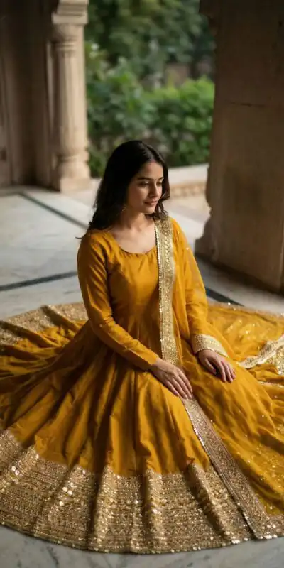 ZSR 3152 Mustered Color Roman silk Gown with Embroidery Work & Lace Work. Grab it for ₹2599. Delivery 4-6 Working Days. Shop now. | Bollywood Gowns, Creative Gowns, Designer Gowns, Embroidered Gowns, Gowns, Party Wear Gowns