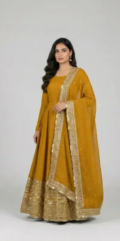 ZSR 3152 Mustered Color Roman silk Gown with Embroidery Work & Lace Work. Grab it for ₹2599. Delivery 4-6 Working Days. Shop now. | Bollywood Gowns, Creative Gowns, Designer Gowns, Embroidered Gowns, Gowns, Party Wear Gowns