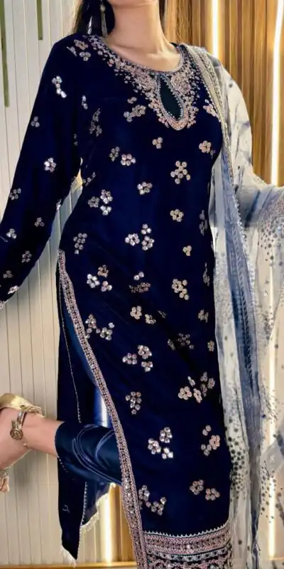 ST 1154 Navy Blue in 9000 Velvet Embroidery Work & Lace Work Salwar Suit . Now at just ₹2049. Delivery 4-6 Working Days. Shop now. | Jump Suits, Straight Suits, Casual Suits, Creative suits, Designer Suits, Palazzo Suits, Party Wear Suits, Patiala Suits, Salwar suit
