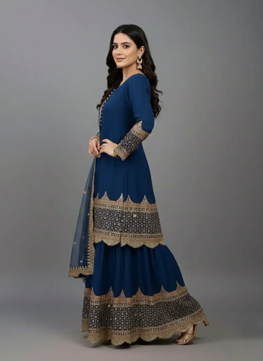 ZF 250 Navy Blue Color Faux Georgette Embroidery Sequence Work Sharara Suit Wedding, Party, Festive, Events Etc. Expected Delivery 4-6 Working Days @2099/- | Jump Suits, Straight Suits, Casual Suits, Creative suits, Designer Suits, Palazzo Suits, Party Wear Suits, Patiala Suits, Salwar suit