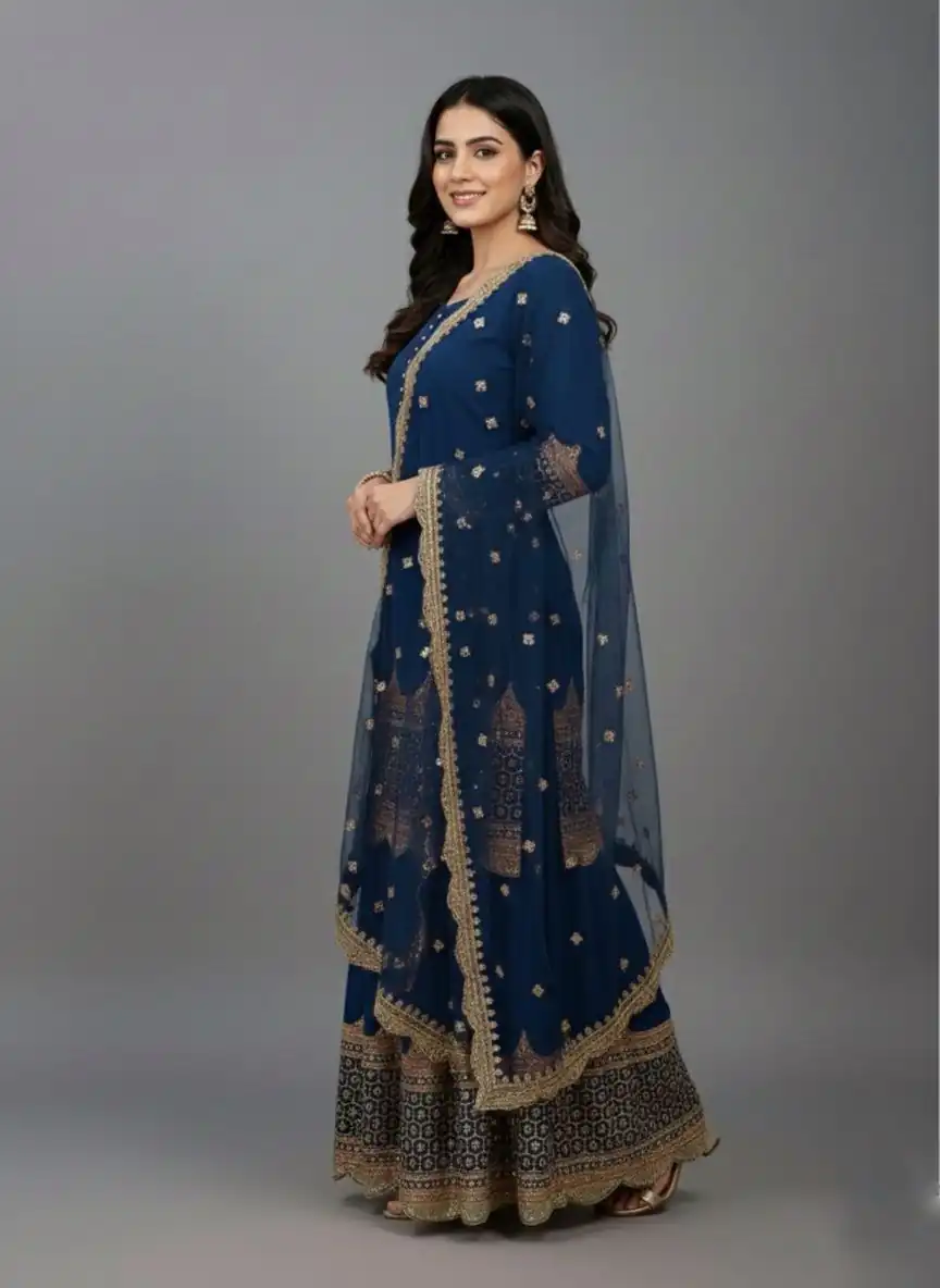 ZF 250 Navy Blue Color Faux Georgette Embroidery Sequence Work Sharara Suit Wedding, Party, Festive, Events Etc. Expected Delivery 4-6 Working Days @2099/- | Jump Suits, Straight Suits, Casual Suits, Creative suits, Designer Suits, Palazzo Suits, Party Wear Suits, Patiala Suits, Salwar suit