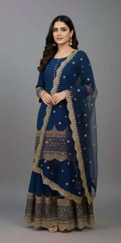 ZF 250 Navy Blue Color Faux Georgette Embroidery Sequence Work Sharara Suit Wedding, Party, Festive, Events Etc. Expected Delivery 4-6 Working Days @2099/- | Jump Suits, Straight Suits, Casual Suits, Creative suits, Designer Suits, Palazzo Suits, Party Wear Suits, Patiala Suits, Salwar suit