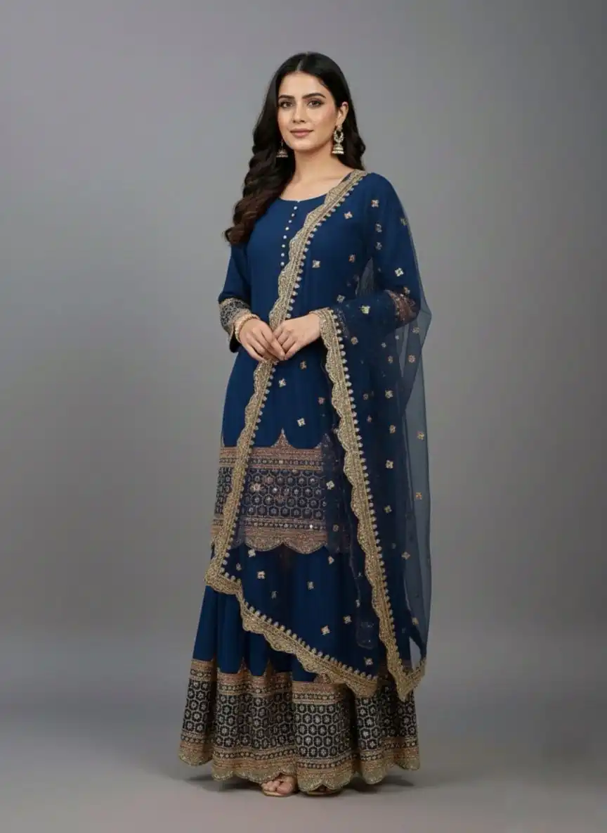 ZF 250 Navy Blue Color Faux Georgette Embroidery Sequence Work Sharara Suit Wedding, Party, Festive, Events Etc. Expected Delivery 4-6 Working Days @2099/- | Jump Suits, Straight Suits, Casual Suits, Creative suits, Designer Suits, Palazzo Suits, Party Wear Suits, Patiala Suits, Salwar suit
