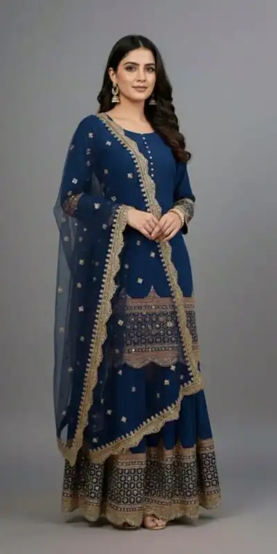 ZF 250 Navy Blue Color Faux Georgette Embroidery Sequence Work Sharara Suit Wedding, Party, Festive, Events Etc. Expected Delivery 4-6 Working Days @2099/- | Jump Suits, Straight Suits, Casual Suits, Creative suits, Designer Suits, Palazzo Suits, Party Wear Suits, Patiala Suits, Salwar suit