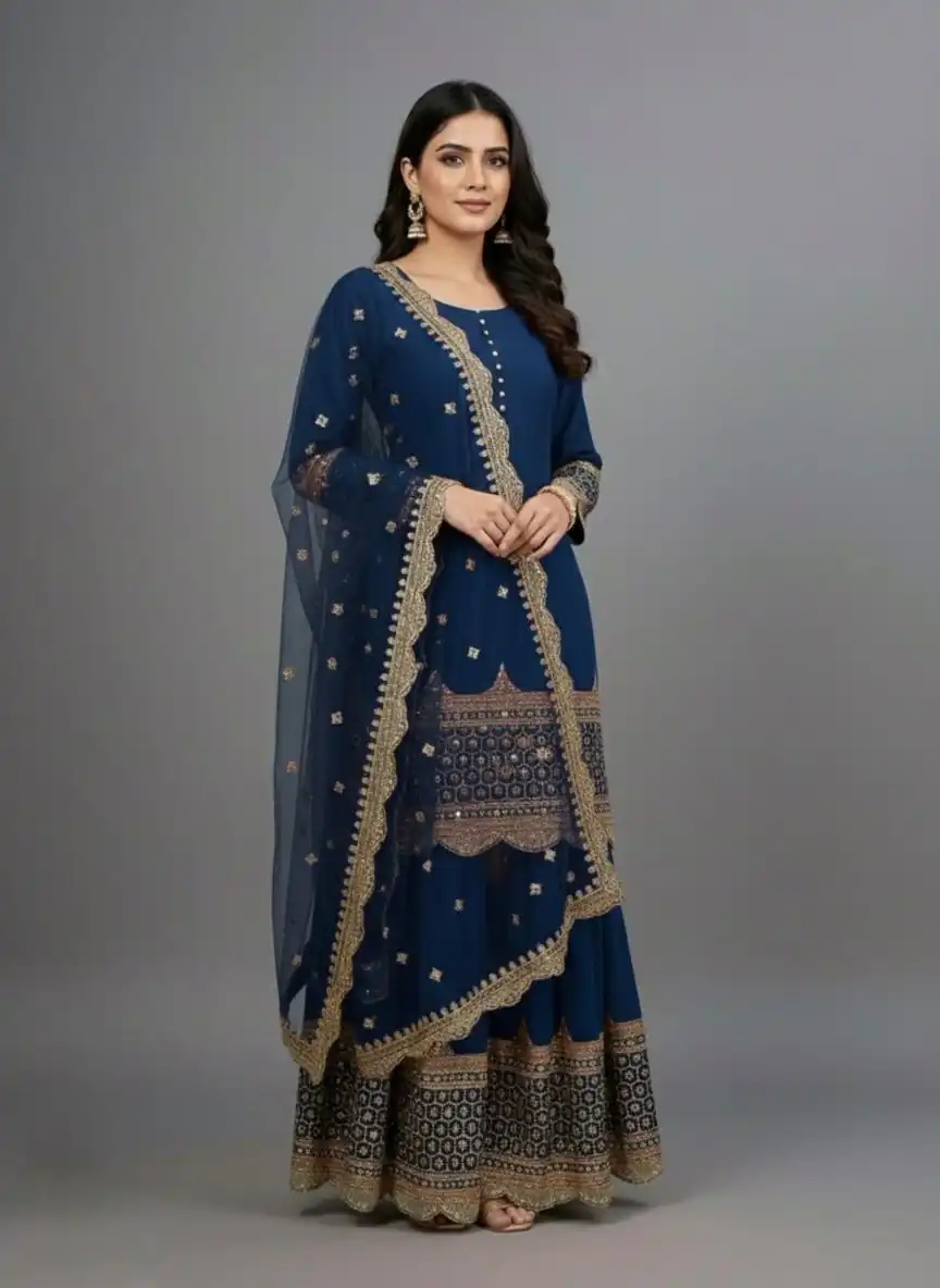 ZF 250 Navy Blue Color Faux Georgette Embroidery Sequence Work Sharara Suit Wedding, Party, Festive, Events Etc. Expected Delivery 4-6 Working Days @2099/- | Jump Suits, Straight Suits, Casual Suits, Creative suits, Designer Suits, Palazzo Suits, Party Wear Suits, Patiala Suits, Salwar suit