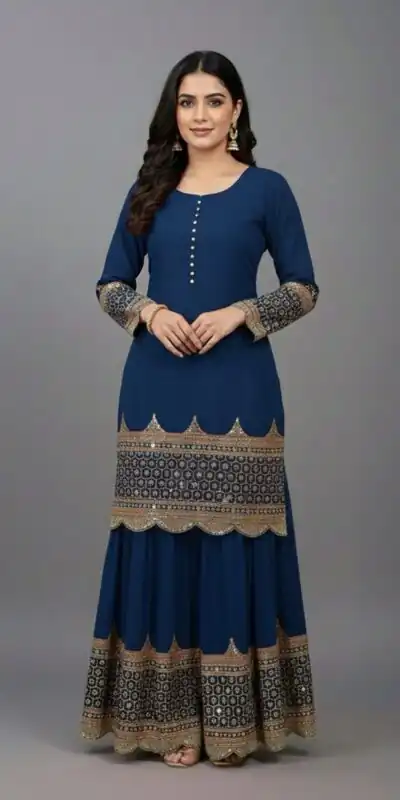 ZF 250 Navy Blue Color Faux Georgette Embroidery Sequence Work Sharara Suit Wedding, Party, Festive, Events Etc. Expected Delivery 4-6 Working Days @2099/- | Jump Suits, Straight Suits, Casual Suits, Creative suits, Designer Suits, Palazzo Suits, Party Wear Suits, Patiala Suits, Salwar suit