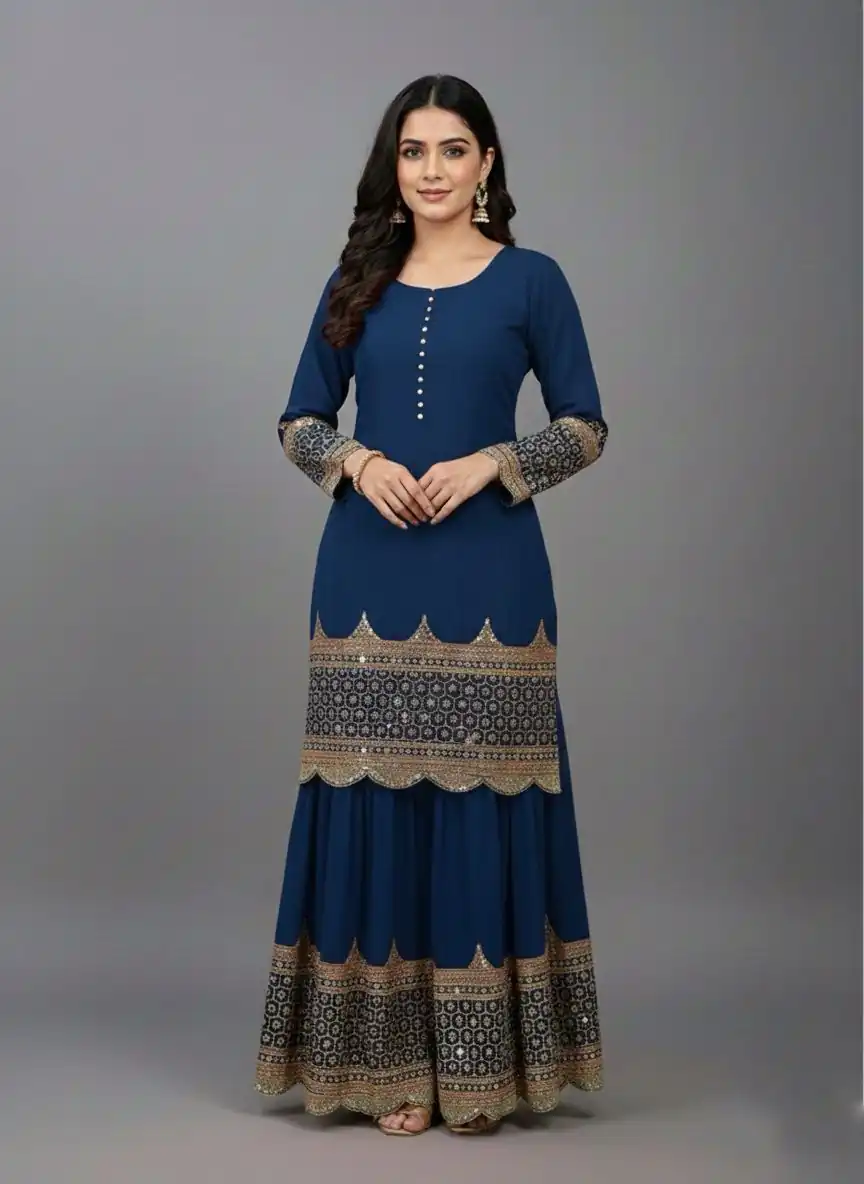 ZF 250 Navy Blue Color Faux Georgette Embroidery Sequence Work Sharara Suit Wedding, Party, Festive, Events Etc. Expected Delivery 4-6 Working Days @2099/- | Jump Suits, Straight Suits, Casual Suits, Creative suits, Designer Suits, Palazzo Suits, Party Wear Suits, Patiala Suits, Salwar suit