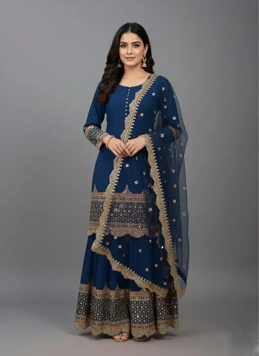 ZF 250 Navy Blue Color Faux Georgette Embroidery Sequence Work Sharara Suit Wedding, Party, Festive, Events Etc. Expected Delivery 4-6 Working Days @2099/- | Jump Suits, Straight Suits, Casual Suits, Creative suits, Designer Suits, Palazzo Suits, Party Wear Suits, Patiala Suits, Salwar suit