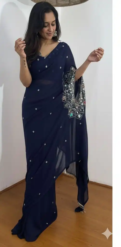 ST 1157 Navy Blue in Faux Georgette Mirror Work & Embroidery Work Saree. Festive Deal ₹1899. Delivery 4-6 Working Days. Shop now. | Bollywood Sarees, Creative Sarees, Designer Sarees, Embroidered Sarees, Ethnic Saree, Modern Digital sarees, Party Wear Sarees, Sarees