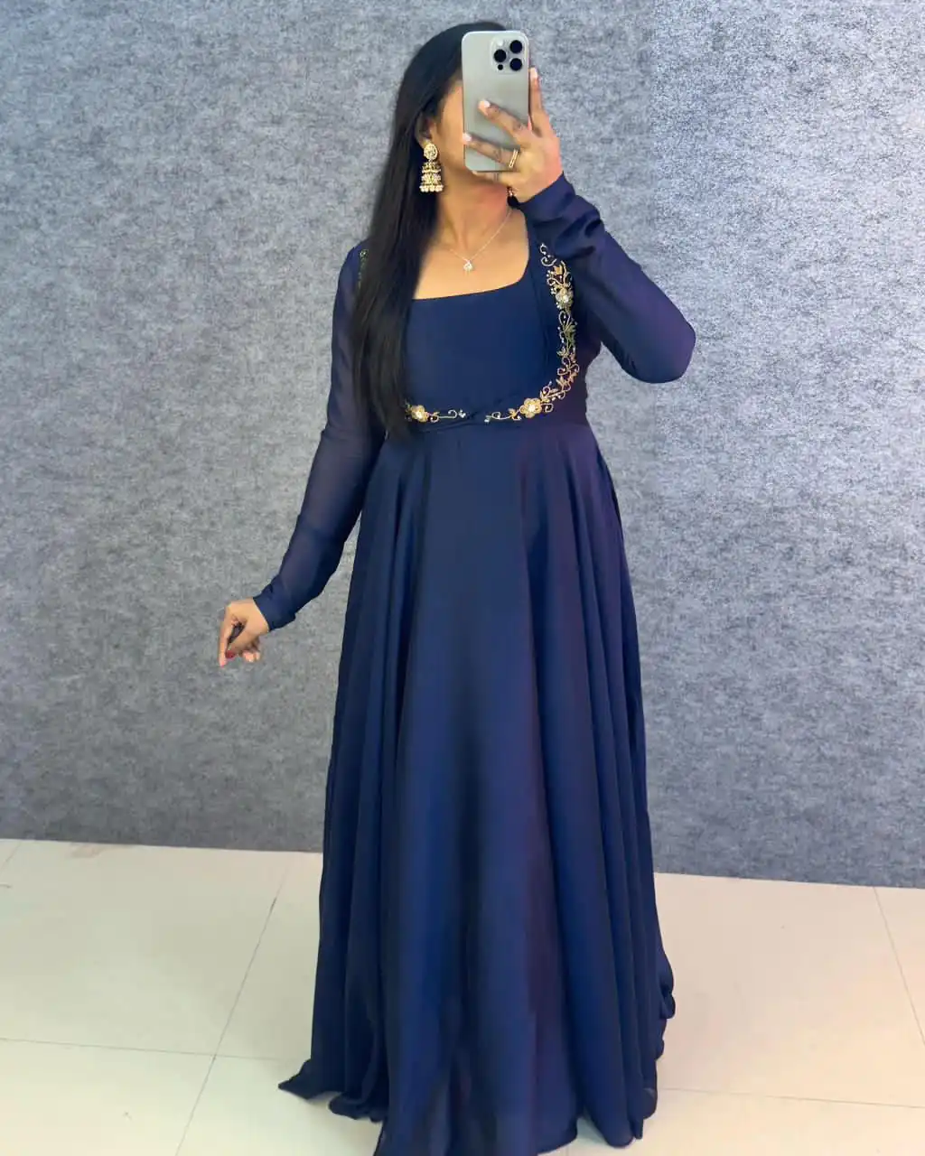 MF 888 Navy Blue Rangoli Silk Gown with Lace Border & Lace Work. Available at ₹1649 only. Delivery 4-6 Working Days. Shop now. | Bollywood Gowns, Creative Gowns, Designer Gowns, Embroidered Gowns, Gowns, Party Wear Gowns
