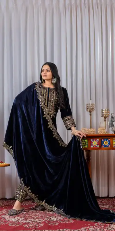 AD 089 Navy Blue Viscose Velvet Salwar Suit with Embroidery Work. Affordable Price ₹1999. Delivery 4-6 Working Days. Shop now. | Jump Suits, Straight Suits, Casual Suits, Creative suits, Designer Suits, Palazzo Suits, Party Wear Suits, Patiala Suits, Salwar suit