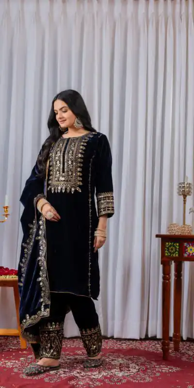 AD 089 Navy Blue Viscose Velvet Salwar Suit with Embroidery Work. Affordable Price ₹1999. Delivery 4-6 Working Days. Shop now. | Jump Suits, Straight Suits, Casual Suits, Creative suits, Designer Suits, Palazzo Suits, Party Wear Suits, Patiala Suits, Salwar suit
