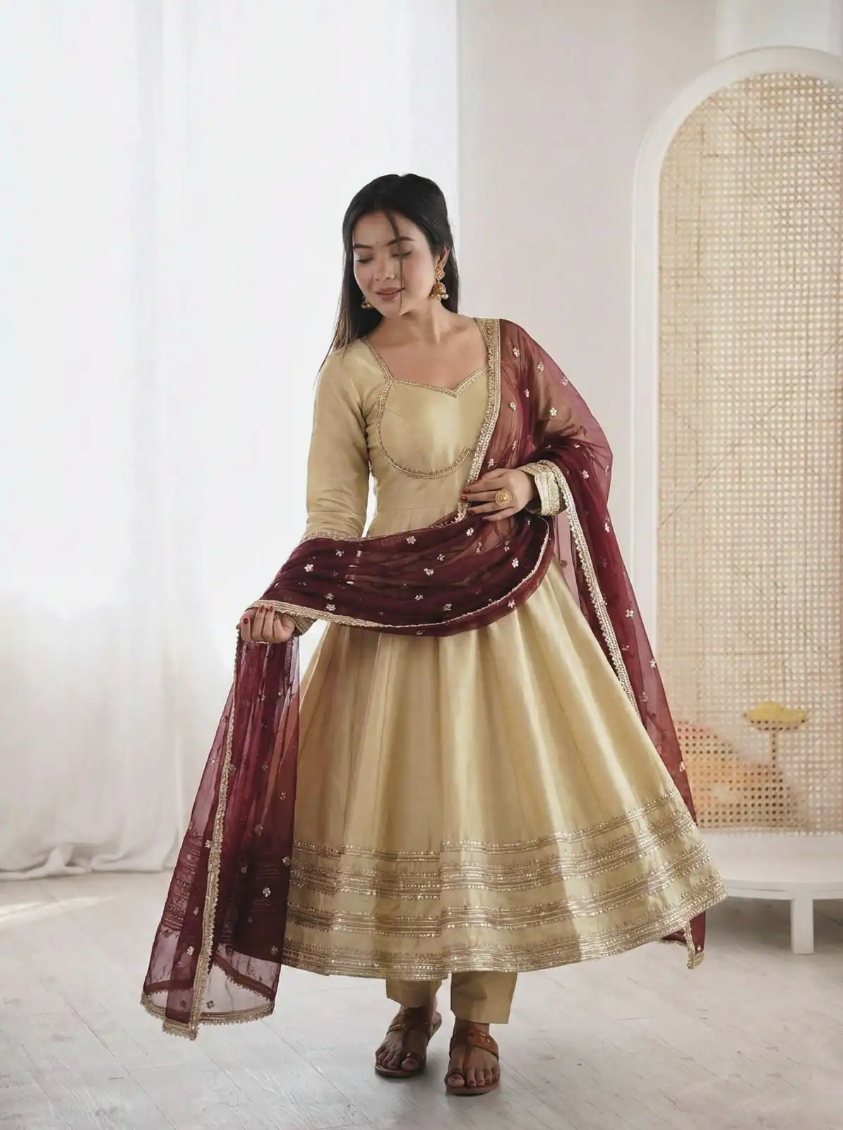 ZF 5017 Off White Cosmos Gold Gown with Embroidery Work & Lace Work. Get it for ₹2099. Delivery 4-6 Working Days. Shop now. | Bollywood Gowns, Creative Gowns, Designer Gowns, Embroidered Gowns, Gowns, Party Wear Gowns